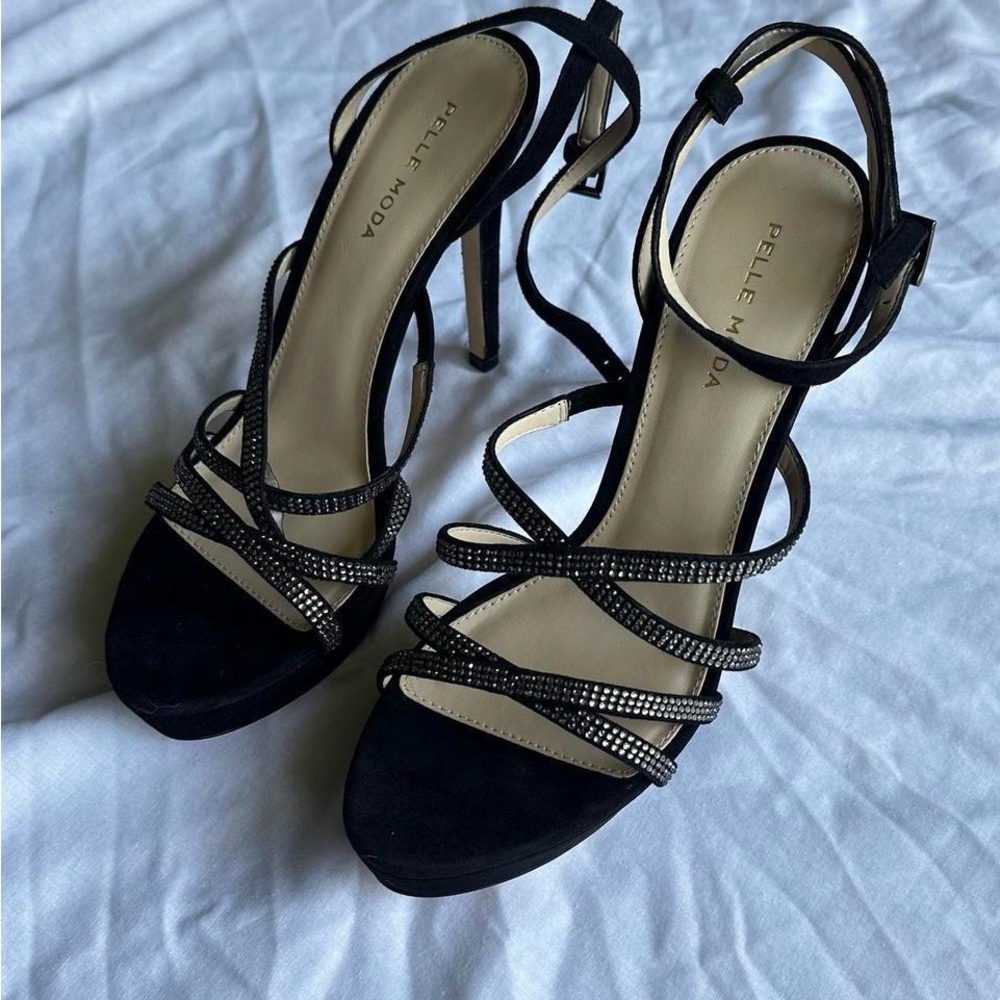 Pelle Moda Black and Silver Strappy Heels